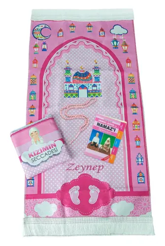 Çantalı Kız Çocuk Namaz Elbisesi, İsimli Seccade, Tesbih ve Namaz Öğreniyorum Kitabı Seti - Lacivert - ihvanonline (1)