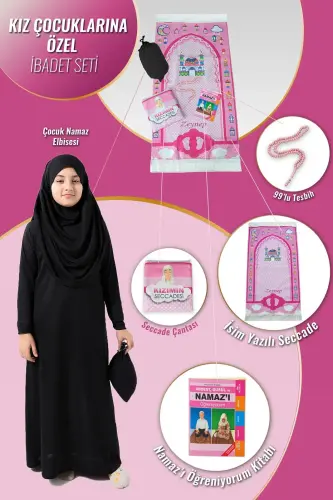 Çantalı Kız Çocuk Namaz Elbisesi, İsimli Seccade, Tesbih ve Namaz Öğreniyorum Kitabı Seti - Siyah 