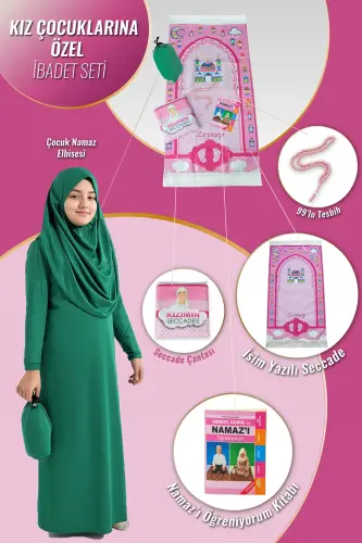Çantalı Kız Çocuk Namaz Elbisesi, İsimli Seccade, Tesbih ve Namaz Öğreniyorum Kitabı Seti - Yeşil 