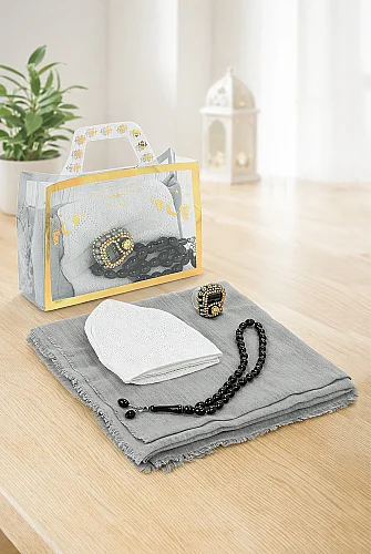 Çantalı Şal Seti – Takke, Tesbih ve Taşlı Zikirmatikli Hediye Seti - Mevlüt Hediyesi - Gri 