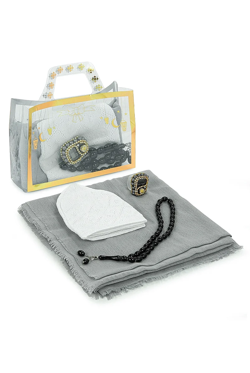 Çantalı Şal Seti – Takke, Tesbih ve Taşlı Zikirmatikli Hediye Seti - Mevlüt Hediyesi - Gri - 2