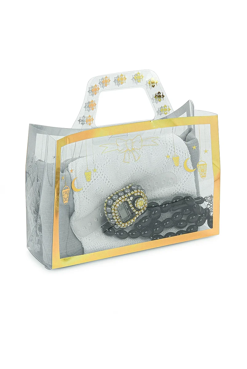 Çantalı Şal Seti – Takke, Tesbih ve Taşlı Zikirmatikli Hediye Seti - Mevlüt Hediyesi - Gri - 3