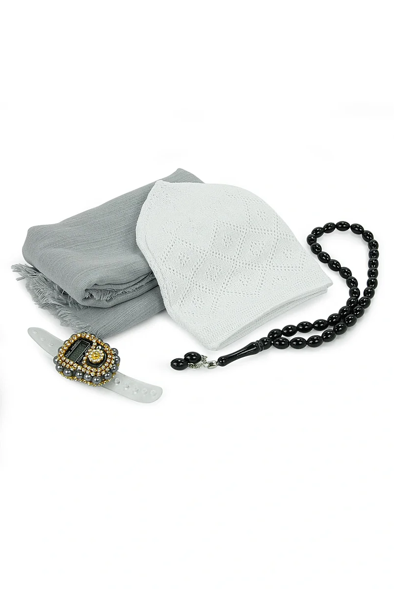 Çantalı Şal Seti – Takke, Tesbih ve Taşlı Zikirmatikli Hediye Seti - Mevlüt Hediyesi - Gri - 5