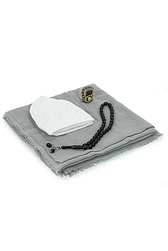 Çantalı Şal Seti – Takke, Tesbih ve Taşlı Zikirmatikli Hediye Seti - Mevlüt Hediyesi - Gri - 6