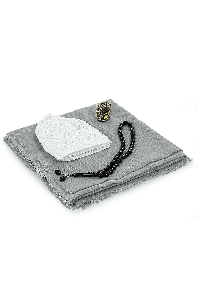 Çantalı Şal Seti – Takke, Tesbih ve Taşlı Zikirmatikli Hediye Seti - Mevlüt Hediyesi - Gri - 6