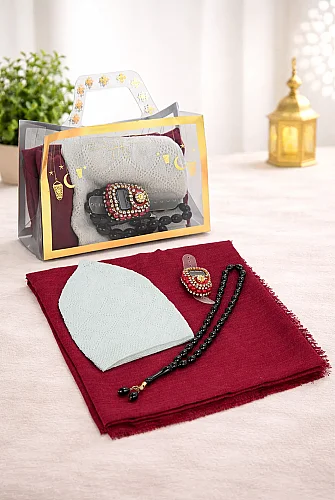 Çantalı Şal Seti – Takke, Tesbih ve Taşlı Zikirmatikli Hediye Seti - Mevlüt Hediyesi - Kırmızı 