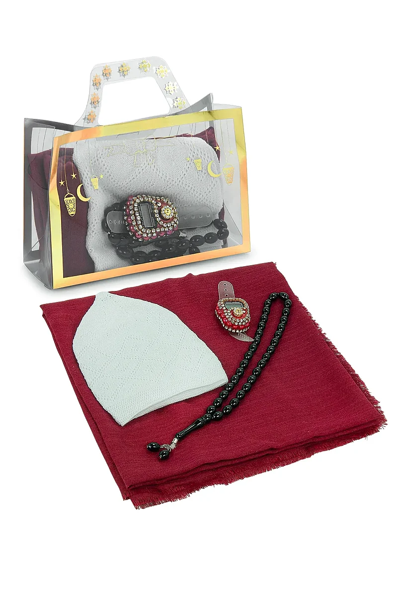 Çantalı Şal Seti – Takke, Tesbih ve Taşlı Zikirmatikli Hediye Seti - Mevlüt Hediyesi - Kırmızı - 2
