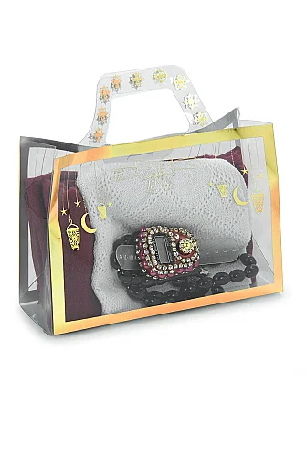 Çantalı Şal Seti – Takke, Tesbih ve Taşlı Zikirmatikli Hediye Seti - Mevlüt Hediyesi - Kırmızı - 3