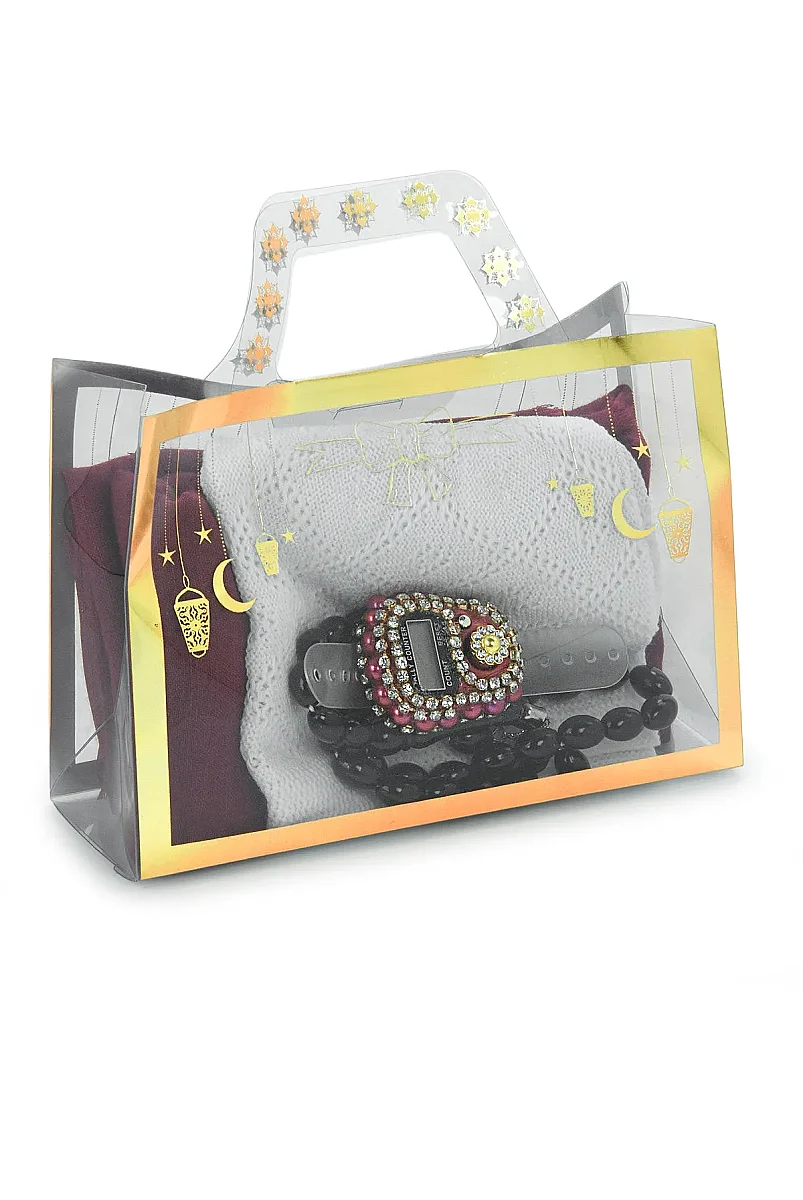 Çantalı Şal Seti – Takke, Tesbih ve Taşlı Zikirmatikli Hediye Seti - Mevlüt Hediyesi - Kırmızı - 3