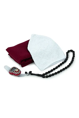 Çantalı Şal Seti – Takke, Tesbih ve Taşlı Zikirmatikli Hediye Seti - Mevlüt Hediyesi - Kırmızı - 5