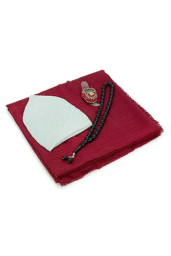 Çantalı Şal Seti – Takke, Tesbih ve Taşlı Zikirmatikli Hediye Seti - Mevlüt Hediyesi - Kırmızı - 6