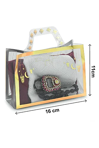 Çantalı Şal Seti – Takke, Tesbih ve Taşlı Zikirmatikli Hediye Seti - Mevlüt Hediyesi - Kırmızı - 9