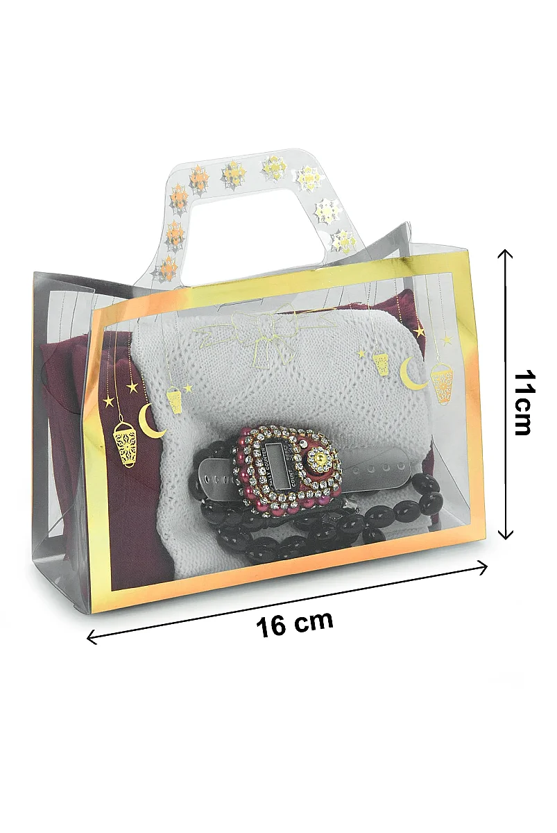 Çantalı Şal Seti – Takke, Tesbih ve Taşlı Zikirmatikli Hediye Seti - Mevlüt Hediyesi - Kırmızı - 9