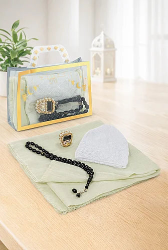 Çantalı Şal Seti – Takke, Tesbih ve Taşlı Zikirmatikli Hediye Seti - Mevlüt Hediyesi - Krem 