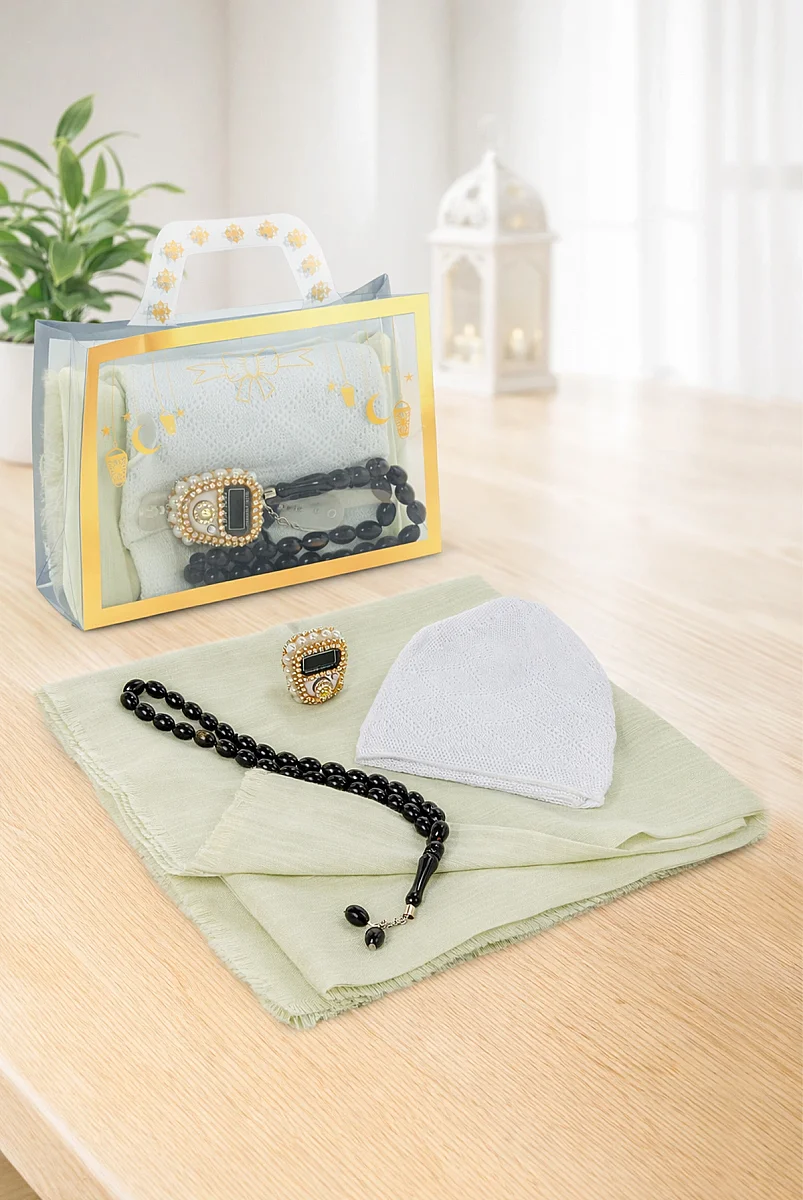 Çantalı Şal Seti – Takke, Tesbih ve Taşlı Zikirmatikli Hediye Seti - Mevlüt Hediyesi - Krem - 1