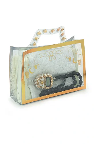 Çantalı Şal Seti – Takke, Tesbih ve Taşlı Zikirmatikli Hediye Seti - Mevlüt Hediyesi - Krem - 3