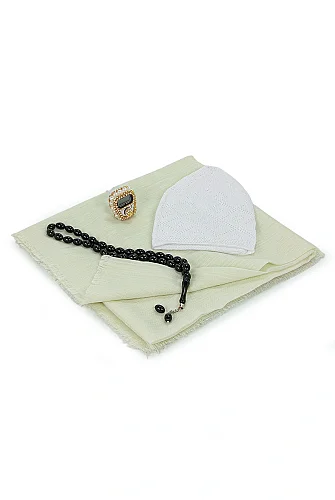 Çantalı Şal Seti – Takke, Tesbih ve Taşlı Zikirmatikli Hediye Seti - Mevlüt Hediyesi - Krem - 5