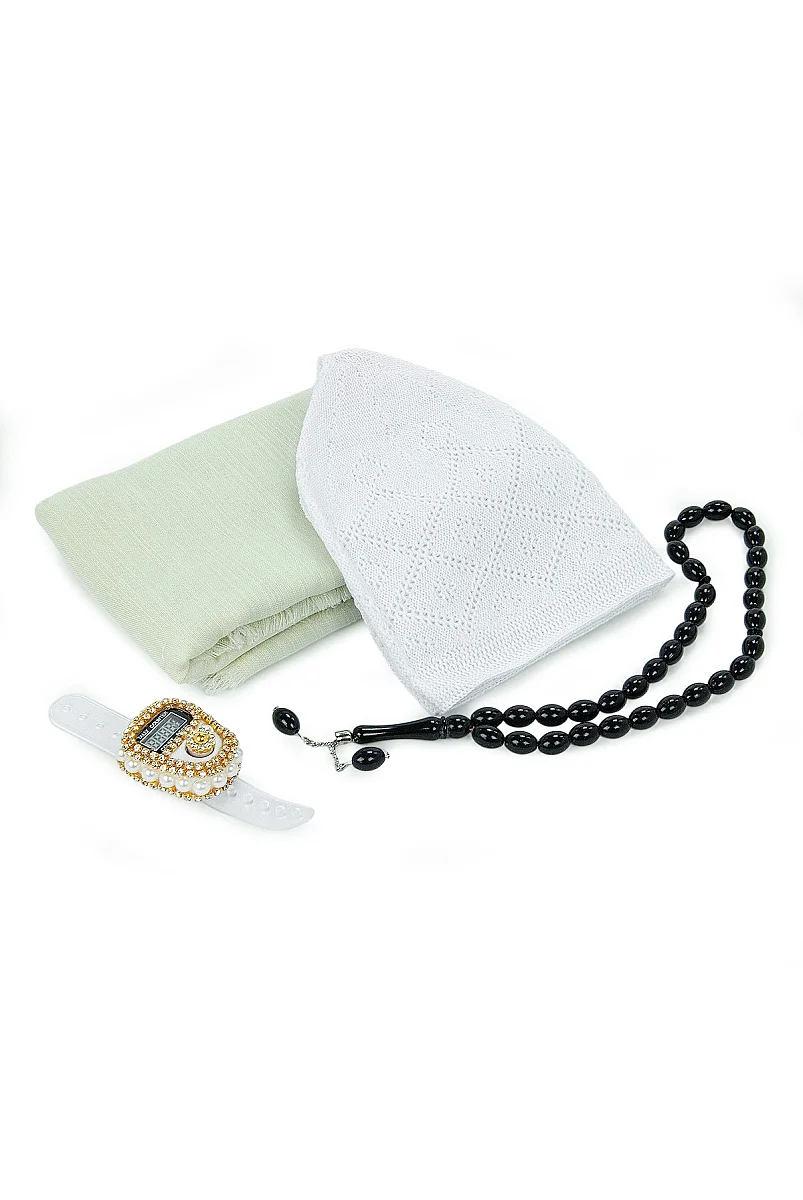 Çantalı Şal Seti – Takke, Tesbih ve Taşlı Zikirmatikli Hediye Seti - Mevlüt Hediyesi - Krem - 6