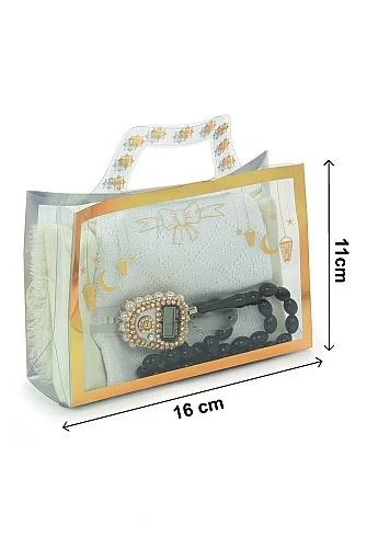 Çantalı Şal Seti – Takke, Tesbih ve Taşlı Zikirmatikli Hediye Seti - Mevlüt Hediyesi - Krem - 9