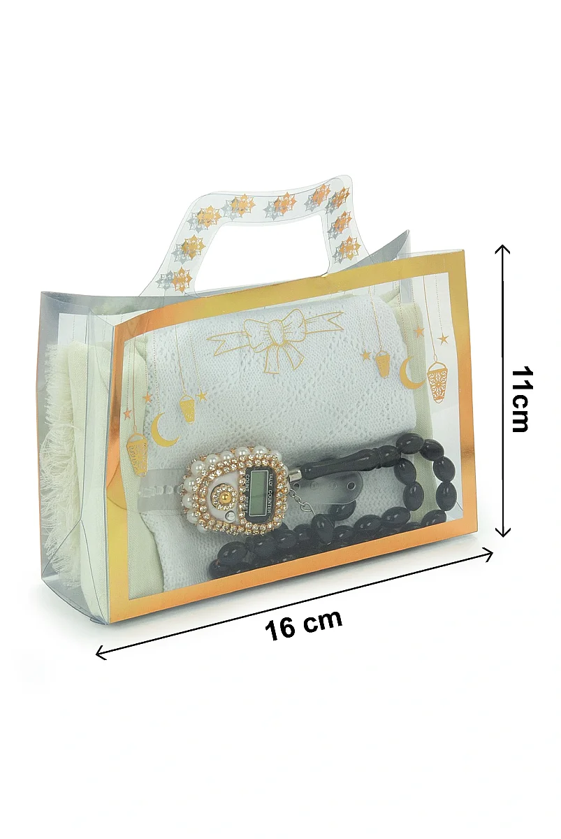 Çantalı Şal Seti – Takke, Tesbih ve Taşlı Zikirmatikli Hediye Seti - Mevlüt Hediyesi - Krem - 9