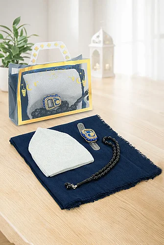 Çantalı Şal Seti – Takke, Tesbih ve Taşlı Zikirmatikli Hediye Seti - Mevlüt Hediyesi - Lacivert 