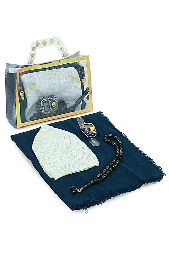 Çantalı Şal Seti – Takke, Tesbih ve Taşlı Zikirmatikli Hediye Seti - Mevlüt Hediyesi - Lacivert - ihvanonline (1)