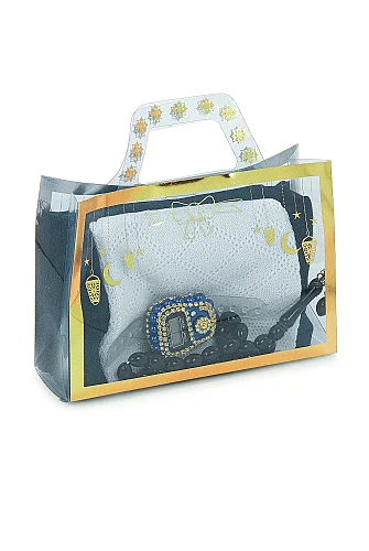 Çantalı Şal Seti – Takke, Tesbih ve Taşlı Zikirmatikli Hediye Seti - Mevlüt Hediyesi - Lacivert - 3