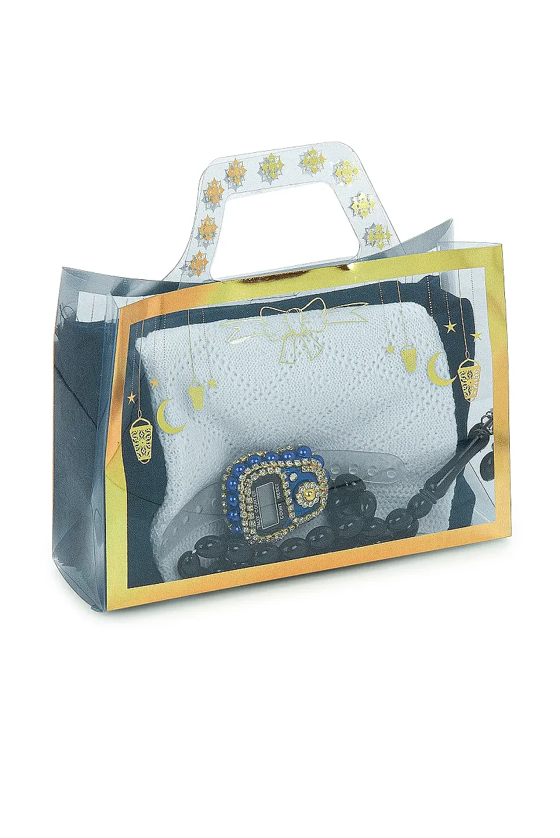 Çantalı Şal Seti – Takke, Tesbih ve Taşlı Zikirmatikli Hediye Seti - Mevlüt Hediyesi - Lacivert - 3