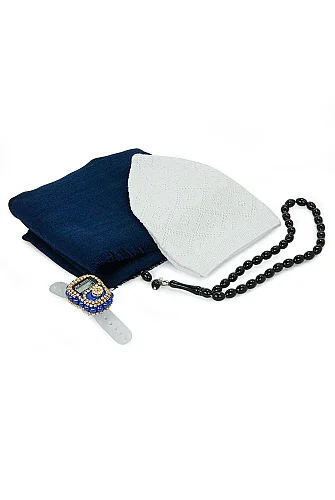 Çantalı Şal Seti – Takke, Tesbih ve Taşlı Zikirmatikli Hediye Seti - Mevlüt Hediyesi - Lacivert - 5