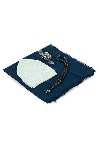 Çantalı Şal Seti – Takke, Tesbih ve Taşlı Zikirmatikli Hediye Seti - Mevlüt Hediyesi - Lacivert - 6