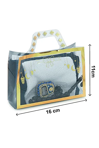 Çantalı Şal Seti – Takke, Tesbih ve Taşlı Zikirmatikli Hediye Seti - Mevlüt Hediyesi - Lacivert - 9