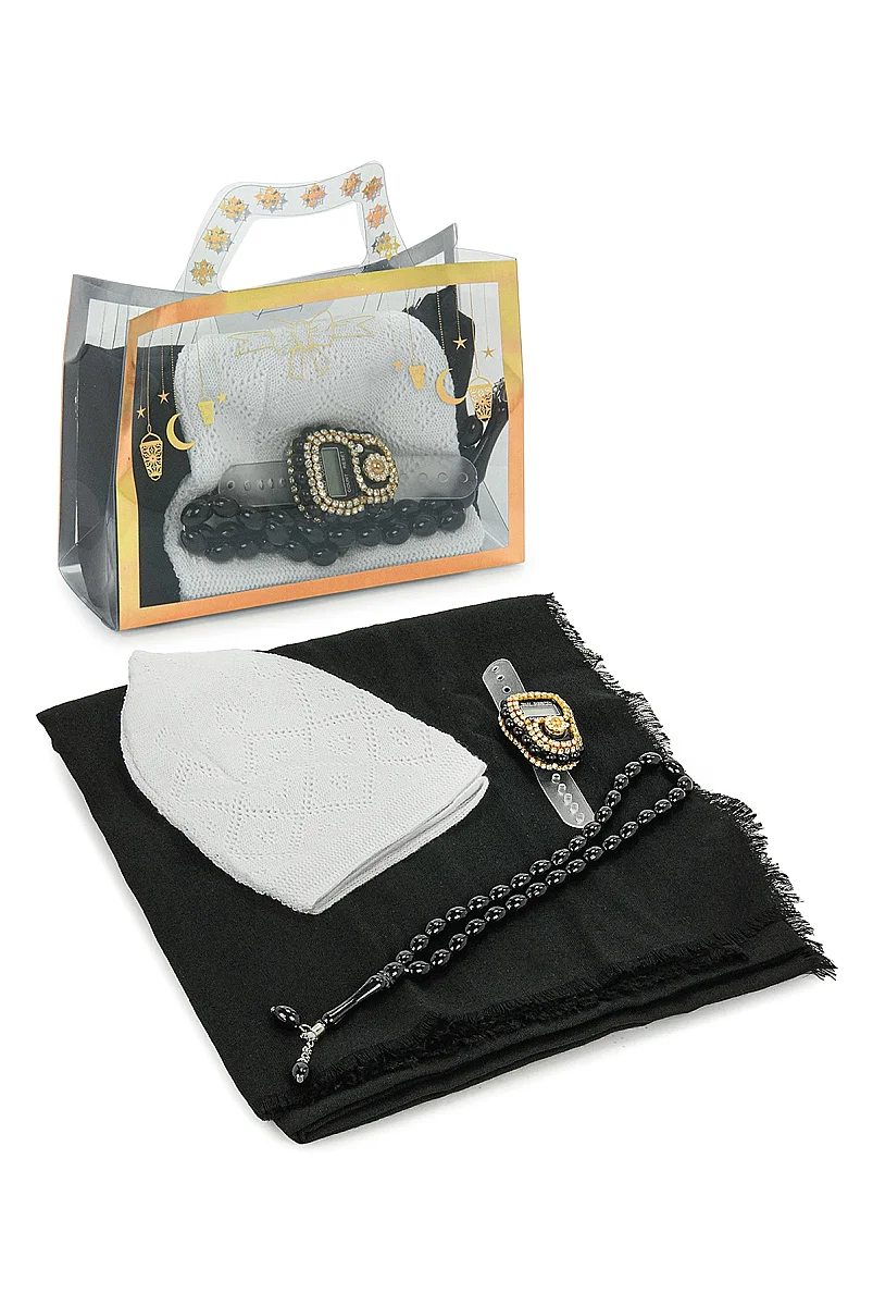 Çantalı Şal Seti – Takke, Tesbih ve Taşlı Zikirmatikli Hediye Seti - Mevlüt Hediyesi - Siyah - 2