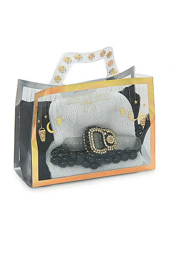 Çantalı Şal Seti – Takke, Tesbih ve Taşlı Zikirmatikli Hediye Seti - Mevlüt Hediyesi - Siyah - 4