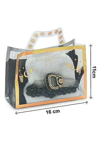 Çantalı Şal Seti – Takke, Tesbih ve Taşlı Zikirmatikli Hediye Seti - Mevlüt Hediyesi - Siyah - 6