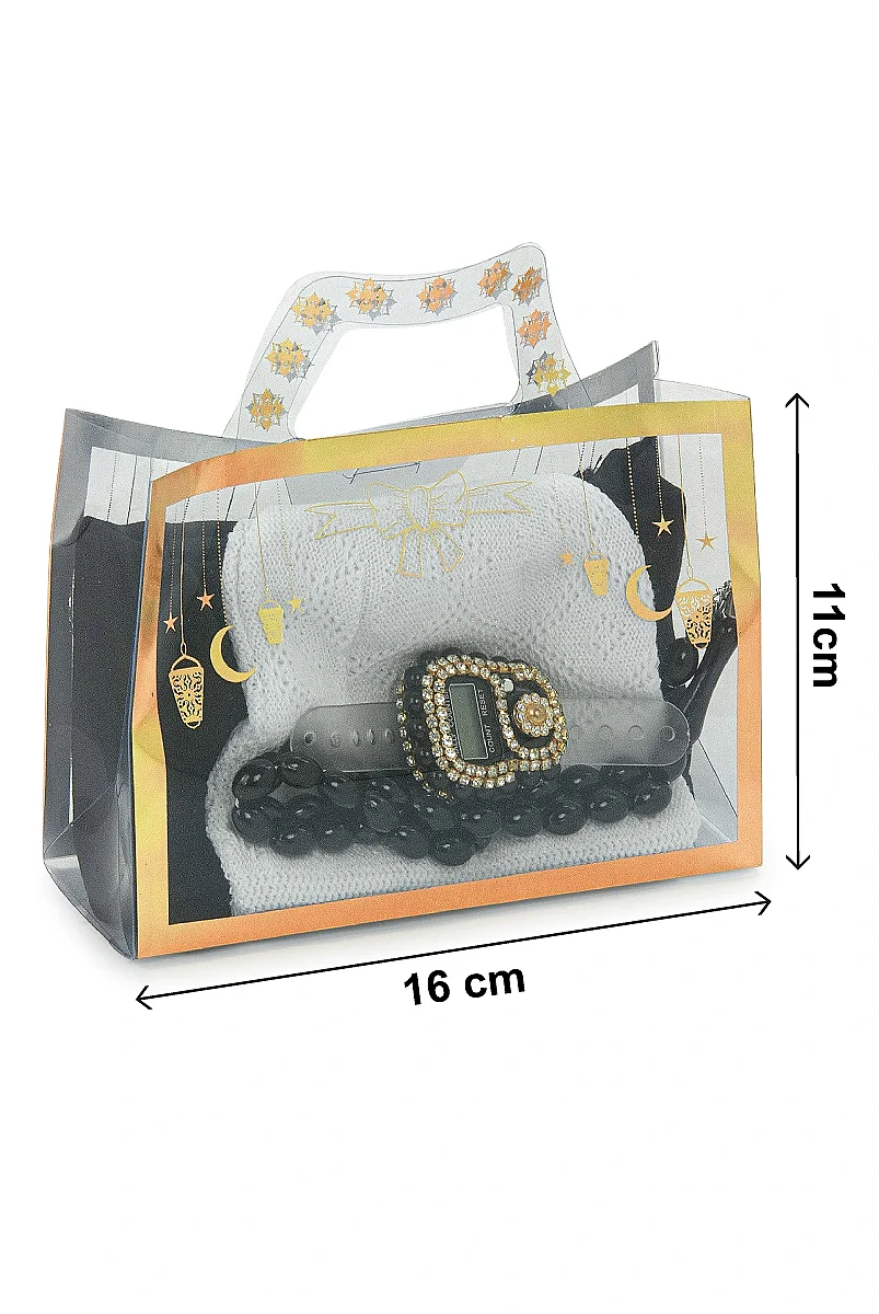 Çantalı Şal Seti – Takke, Tesbih ve Taşlı Zikirmatikli Hediye Seti - Mevlüt Hediyesi - Siyah - 6