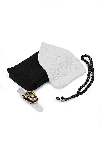 Çantalı Şal Seti – Takke, Tesbih ve Taşlı Zikirmatikli Hediye Seti - Mevlüt Hediyesi - Siyah - 7