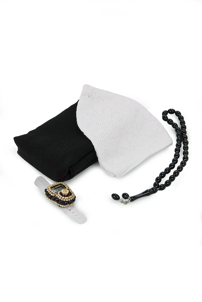 Çantalı Şal Seti – Takke, Tesbih ve Taşlı Zikirmatikli Hediye Seti - Mevlüt Hediyesi - Siyah - 7