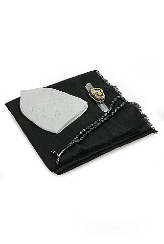 Çantalı Şal Seti – Takke, Tesbih ve Taşlı Zikirmatikli Hediye Seti - Mevlüt Hediyesi - Siyah - 3