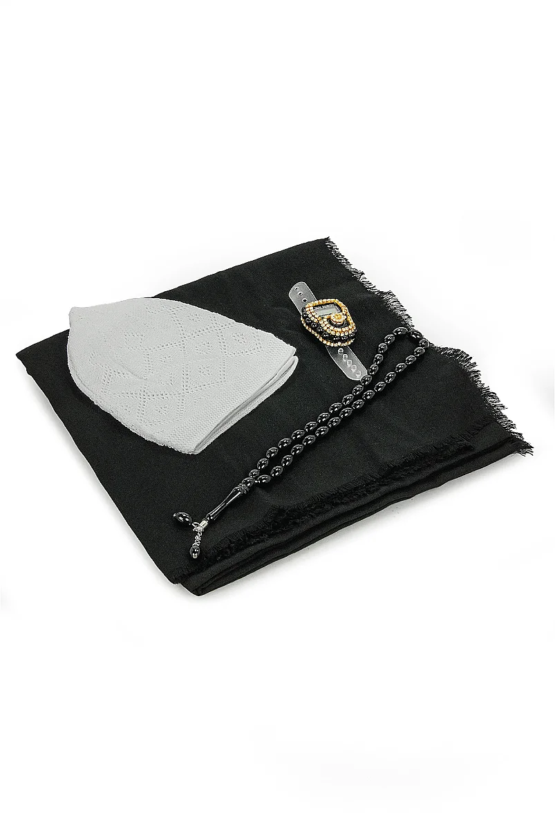 Çantalı Şal Seti – Takke, Tesbih ve Taşlı Zikirmatikli Hediye Seti - Mevlüt Hediyesi - Siyah - 3