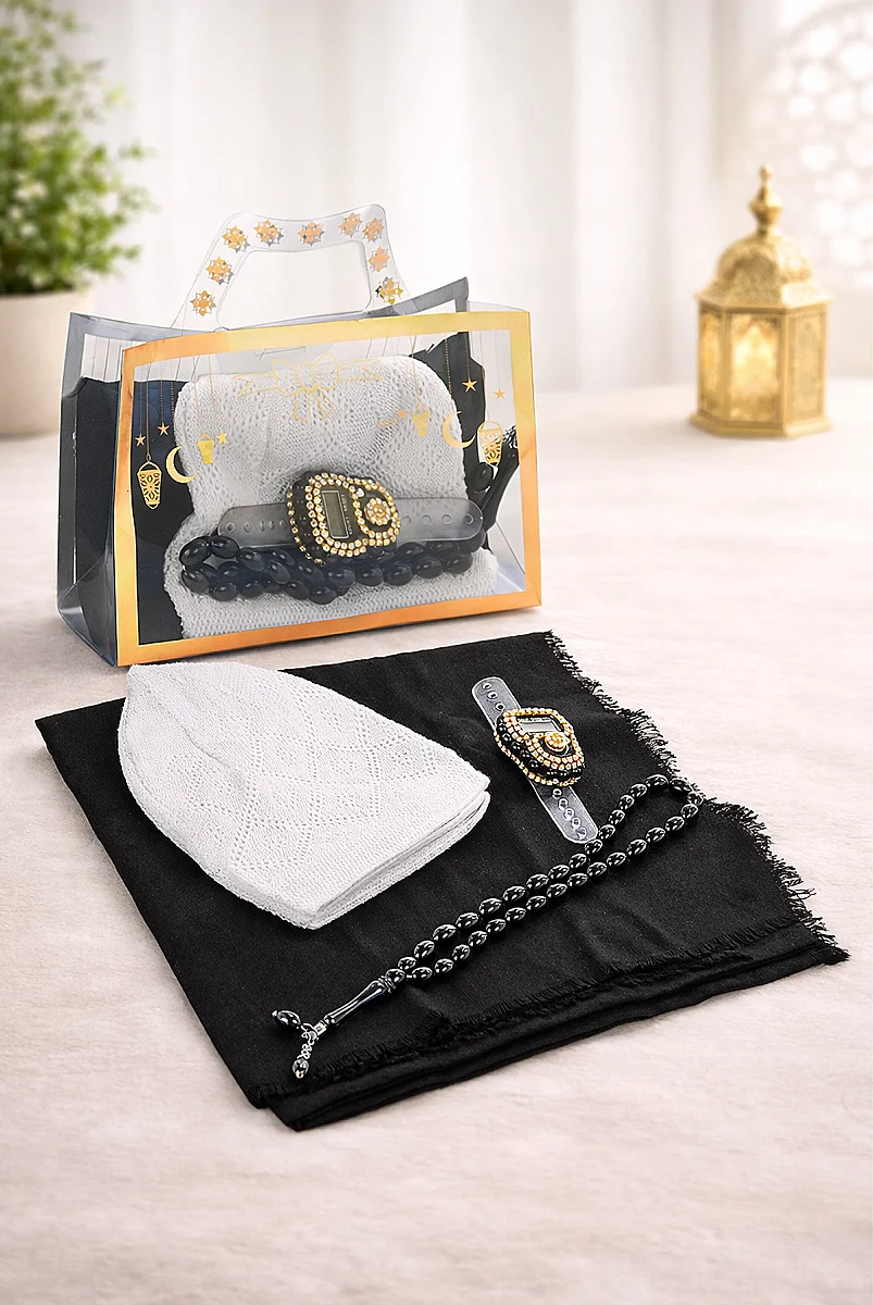 Çantalı Şal Seti – Takke, Tesbih ve Taşlı Zikirmatikli Hediye Seti - Mevlüt Hediyesi - Siyah - 1