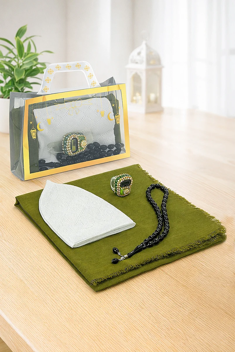 Çantalı Şal Seti – Takke, Tesbih ve Taşlı Zikirmatikli Hediye Seti - Mevlüt Hediyesi - Yeşil - 1