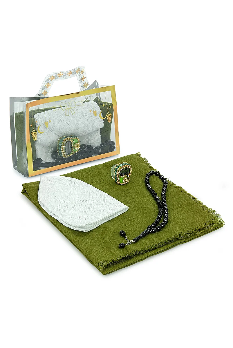 Çantalı Şal Seti – Takke, Tesbih ve Taşlı Zikirmatikli Hediye Seti - Mevlüt Hediyesi - Yeşil - 2