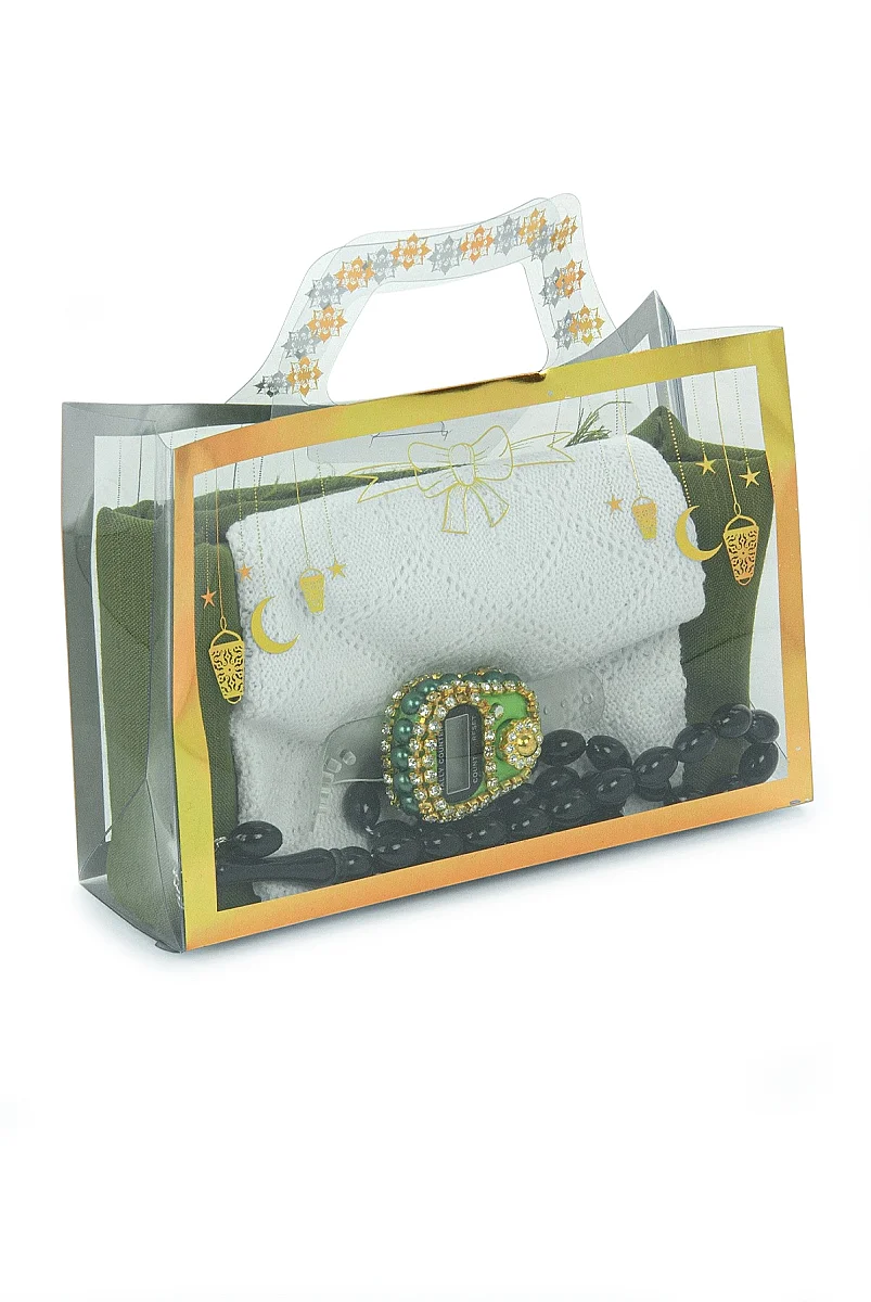 Çantalı Şal Seti – Takke, Tesbih ve Taşlı Zikirmatikli Hediye Seti - Mevlüt Hediyesi - Yeşil - 3