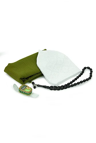 Çantalı Şal Seti – Takke, Tesbih ve Taşlı Zikirmatikli Hediye Seti - Mevlüt Hediyesi - Yeşil - 6