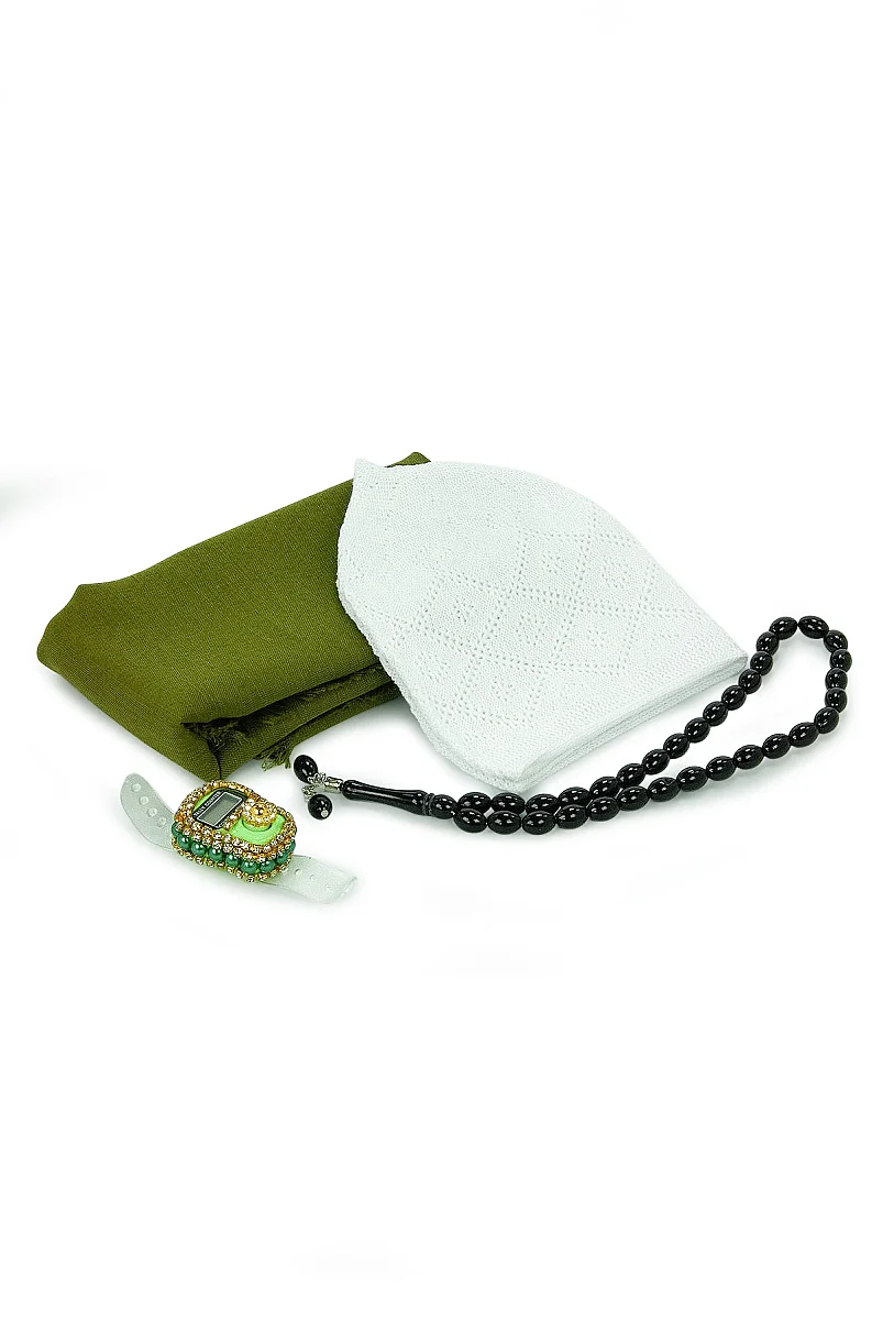 Çantalı Şal Seti – Takke, Tesbih ve Taşlı Zikirmatikli Hediye Seti - Mevlüt Hediyesi - Yeşil - 6