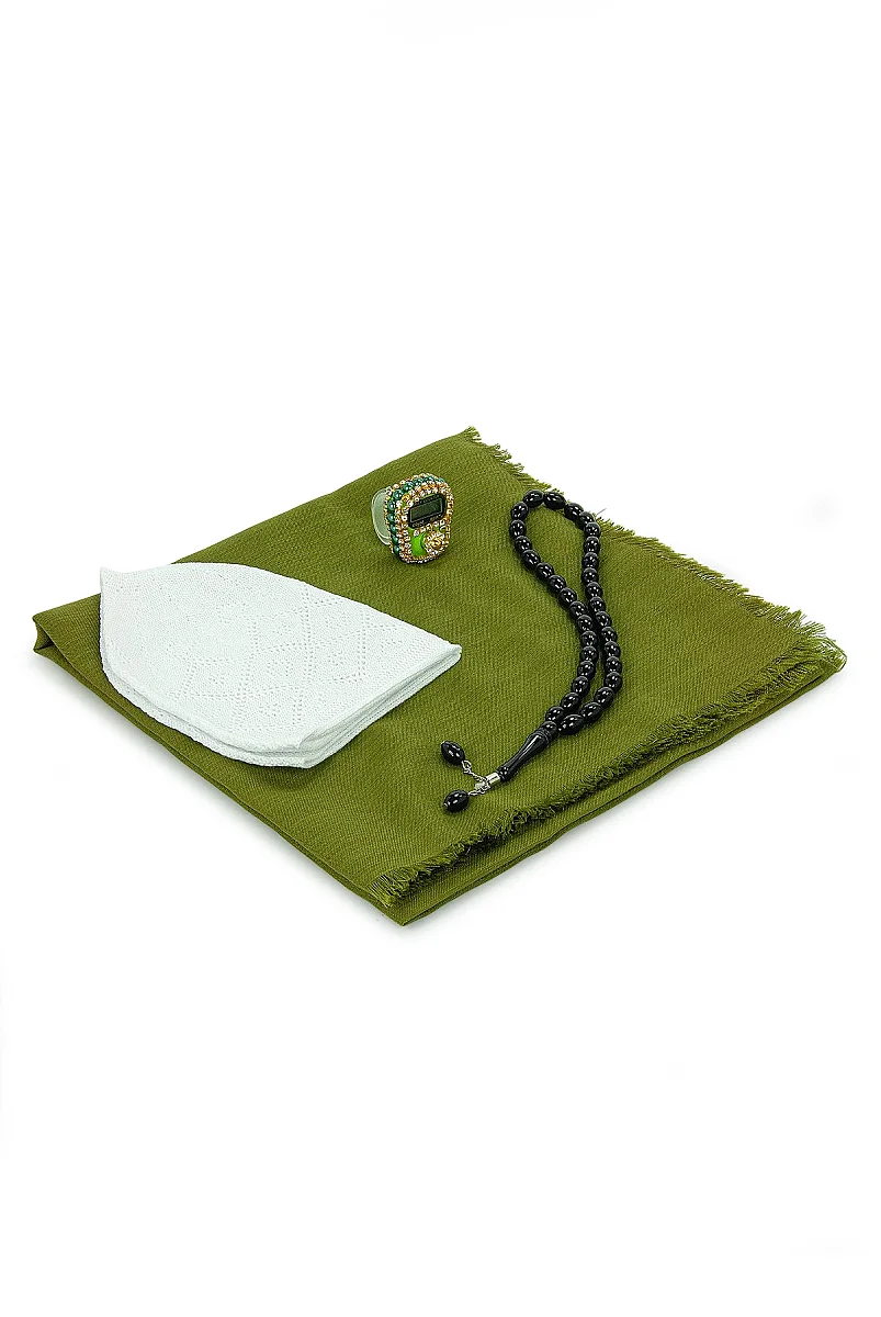 Çantalı Şal Seti – Takke, Tesbih ve Taşlı Zikirmatikli Hediye Seti - Mevlüt Hediyesi - Yeşil - 7