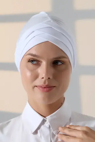 Çapraz 3 Bantlı Çift Taraflı Kadın Tesettür Bone Beyaz - 2