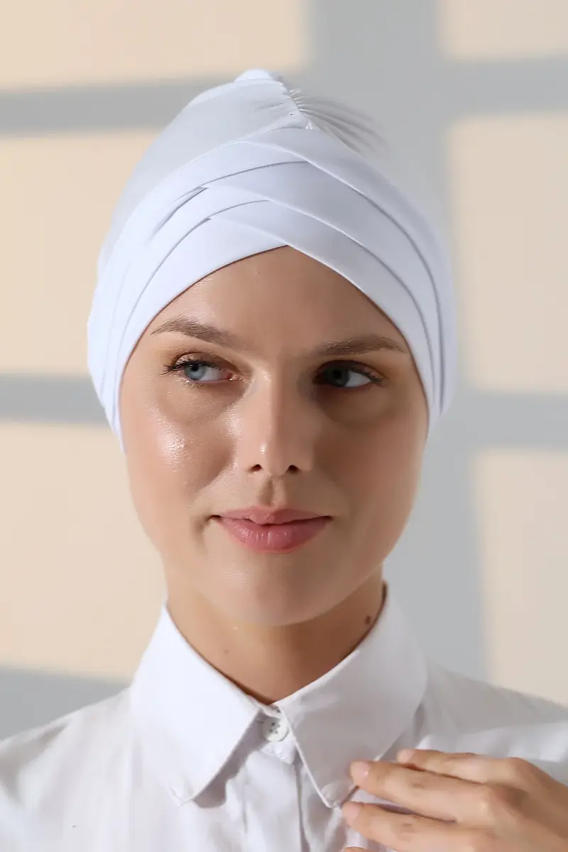 Çapraz 3 Bantlı Çift Taraflı Kadın Tesettür Bone Beyaz - 2