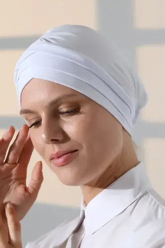 Çapraz 3 Bantlı Çift Taraflı Kadın Tesettür Bone Beyaz - 3