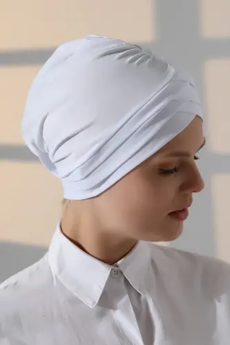 Çapraz 3 Bantlı Çift Taraflı Kadın Tesettür Bone Beyaz - 5